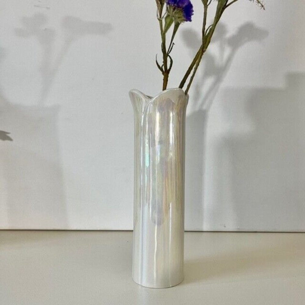 Vintage Porcelain Vase White Iridescent Tulip